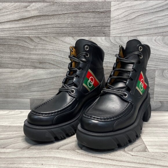 Gucci Quebec Calfskin Web Interlocking G Lace-Up Combat Boots 38 - Picture 3 of 8